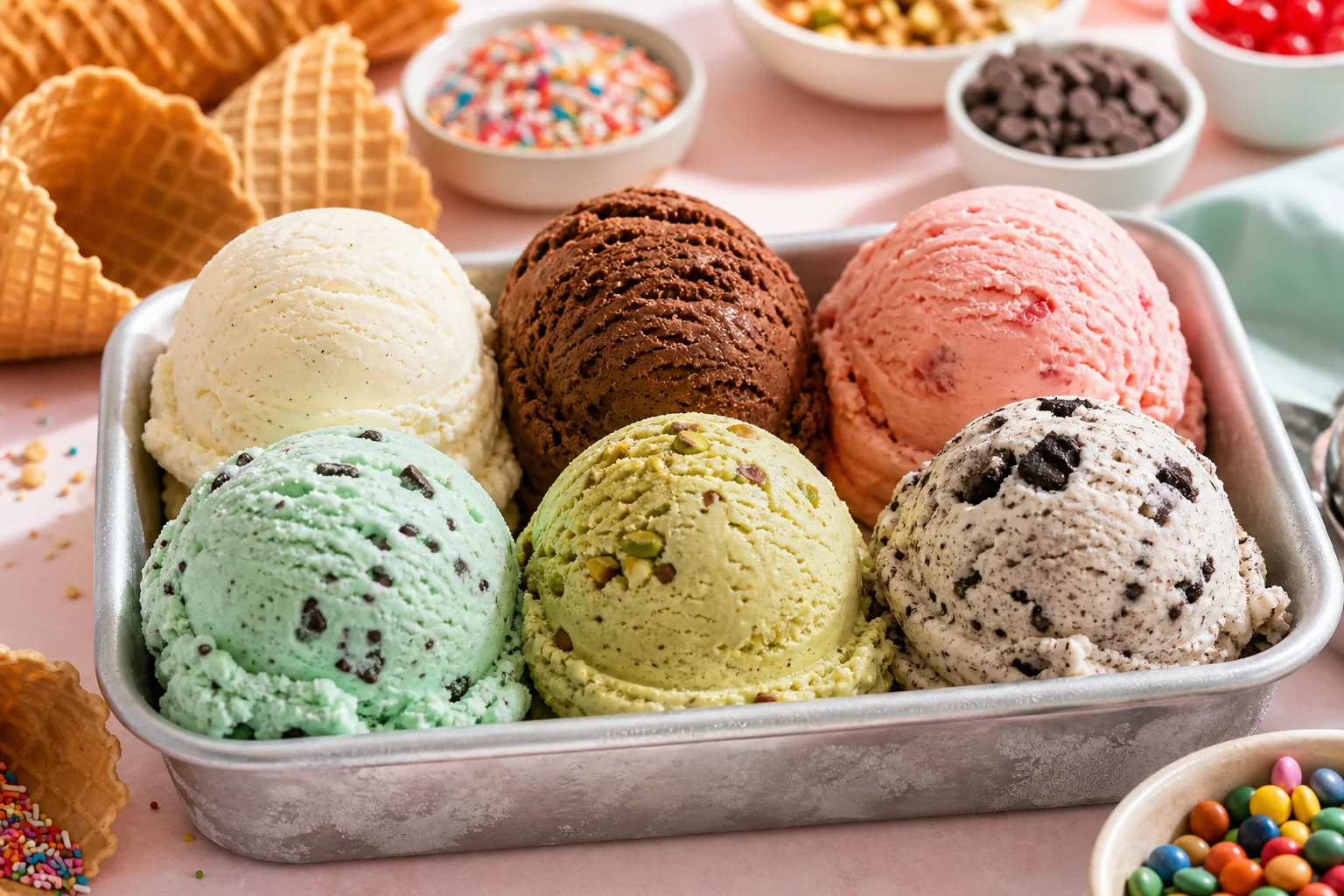 Sampler tray of vanilla, chocolate, strawberry, mint chip, pistachio, and cookies and cream ice cream scoops