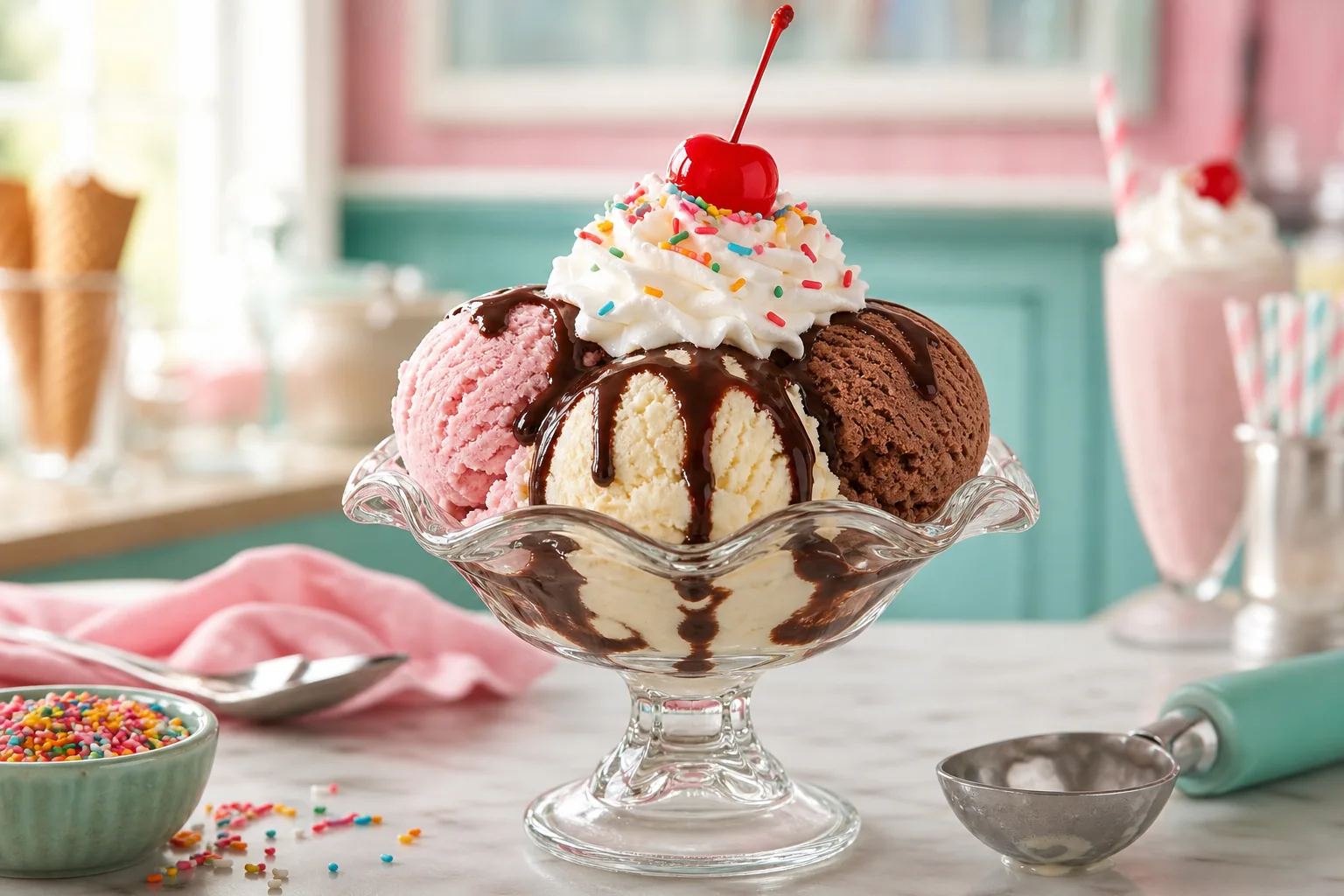 Three-scoop ice cream sundae with fudge, whipped cream, sprinkles, and a cherry