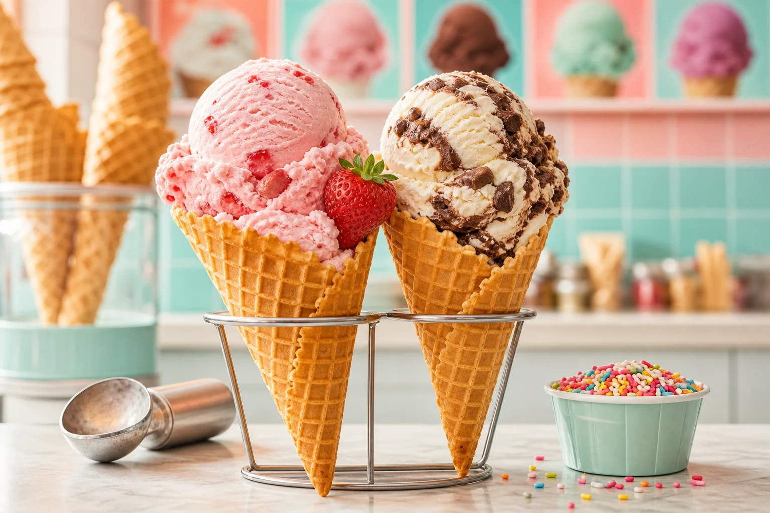 Two waffle cones filled with strawberry and cookies-and-cream ice cream beside a bowl of sprinkles