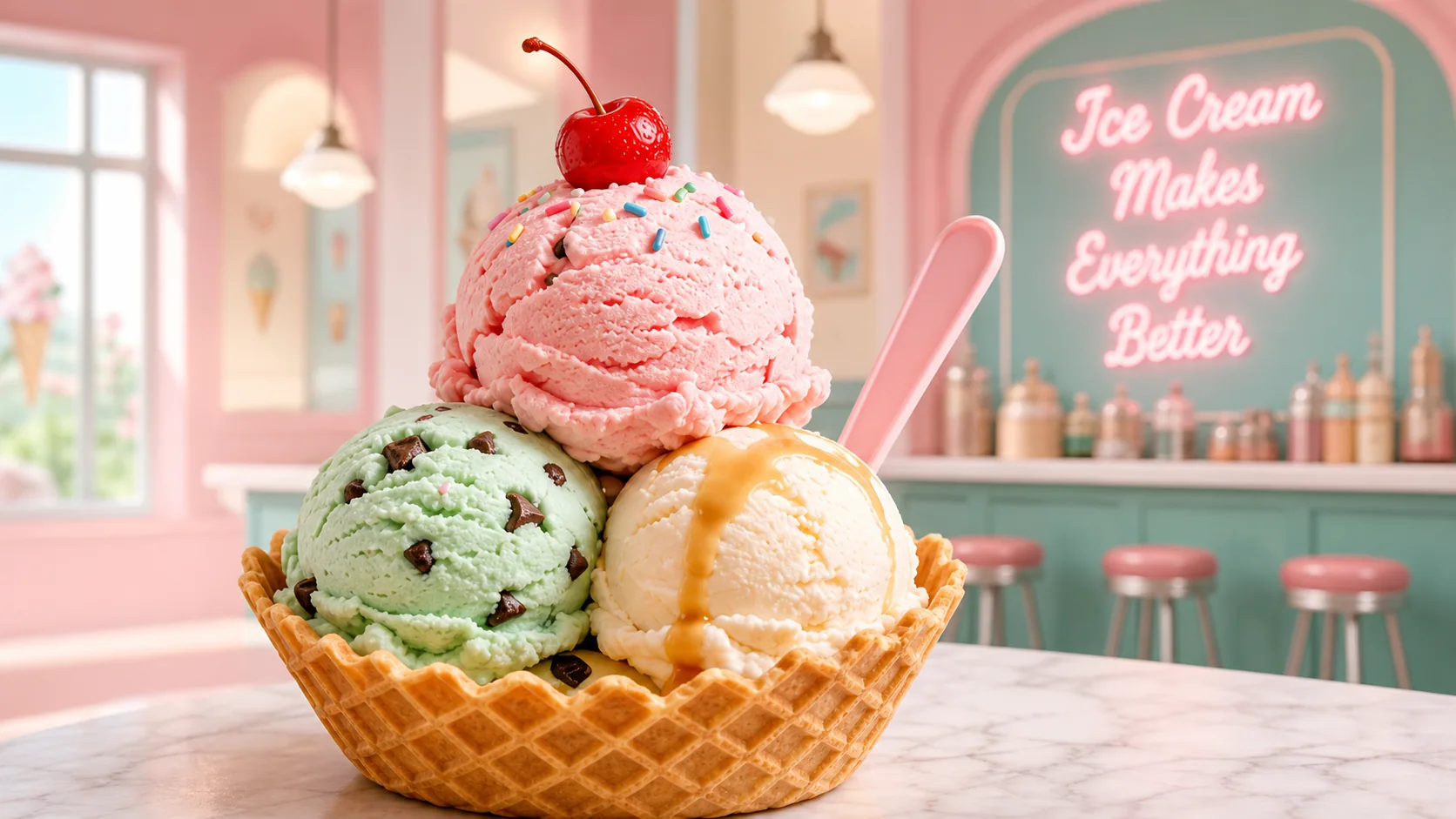 Waffle bowl with strawberry, mint chip, and vanilla ice cream in a pastel ice cream parlor