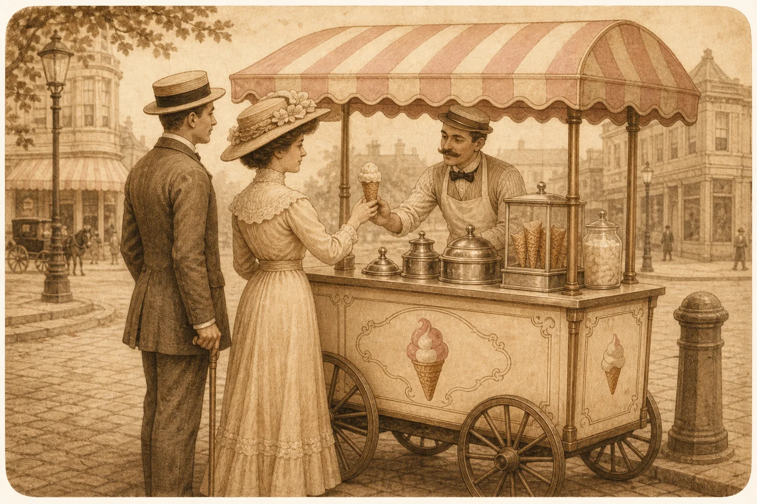 Vintage ice cream cart with customers