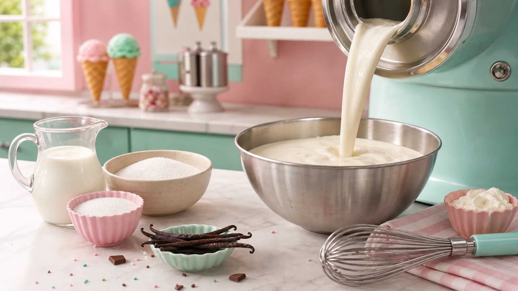 Creamy vanilla ice cream base poured into a bowl with sugar and vanilla nearby