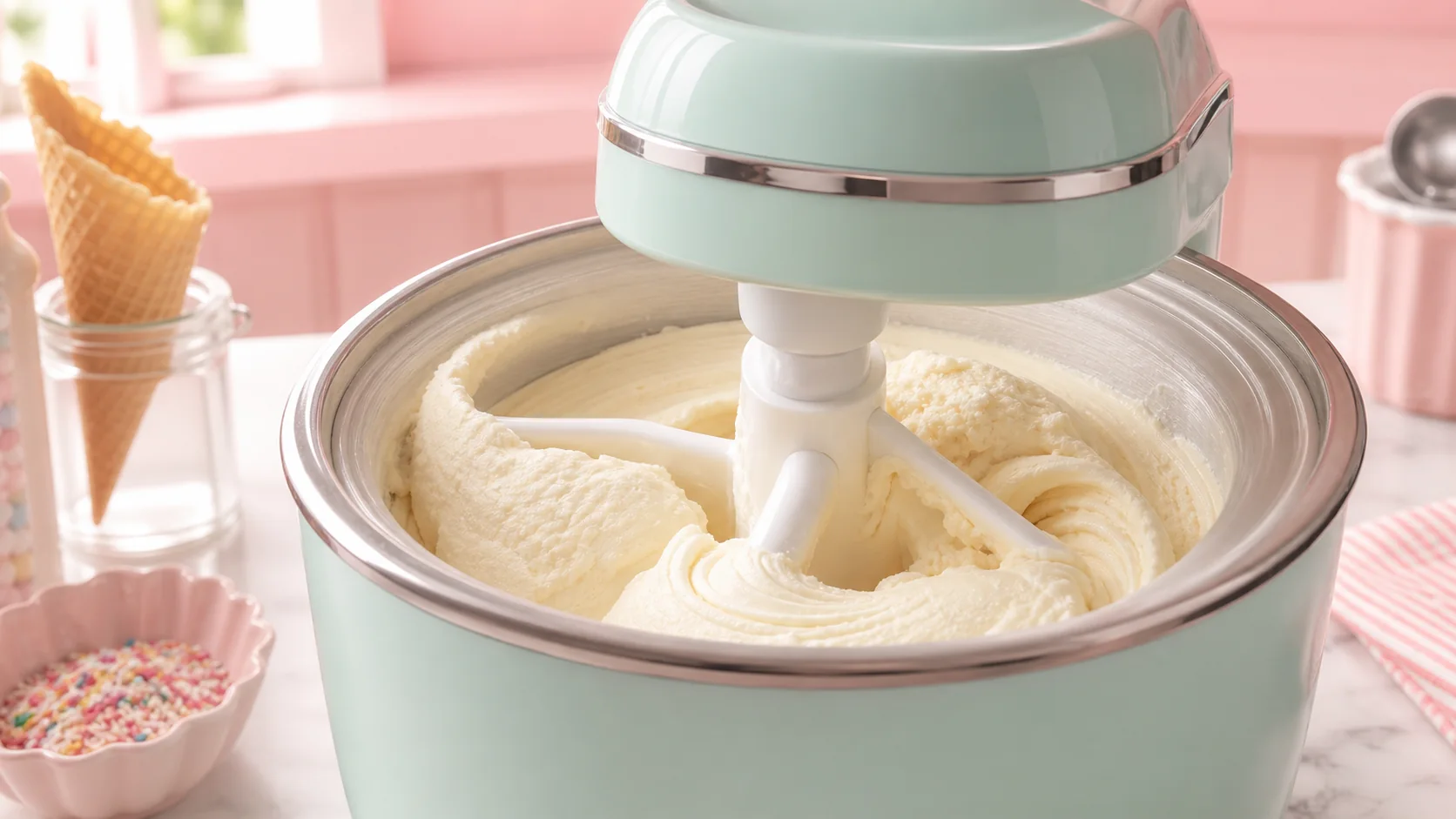 Vanilla ice cream churning in a countertop ice cream maker