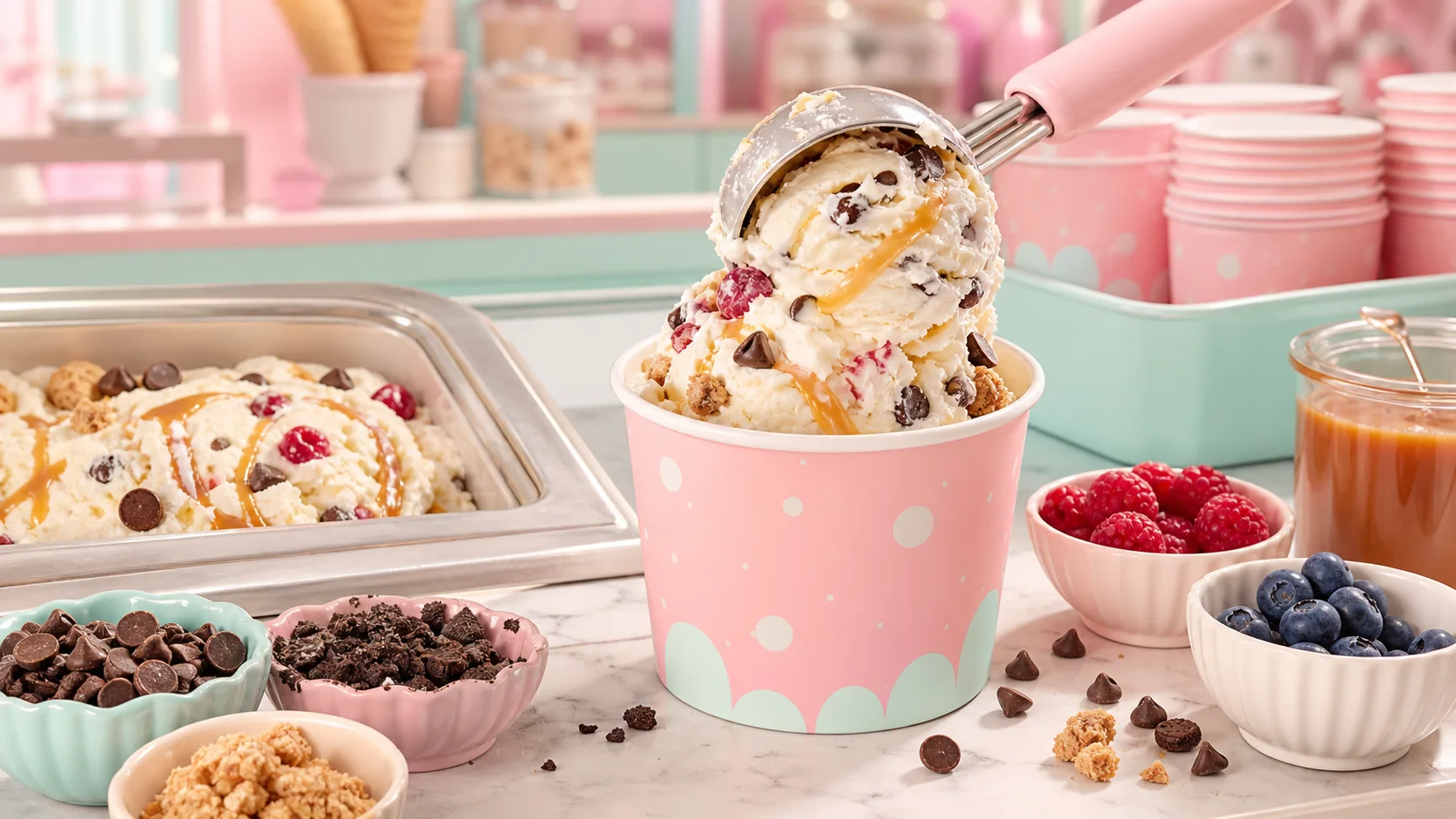 Scoops of ice cream with colorful mix-ins and toppings