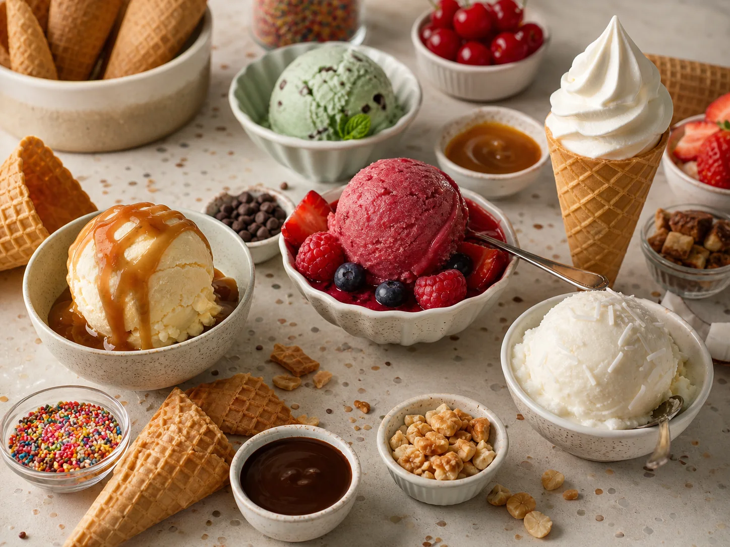A tempting spread of custard, berry sorbet, coconut ice cream, soft serve, cones, sauces, and toppings
