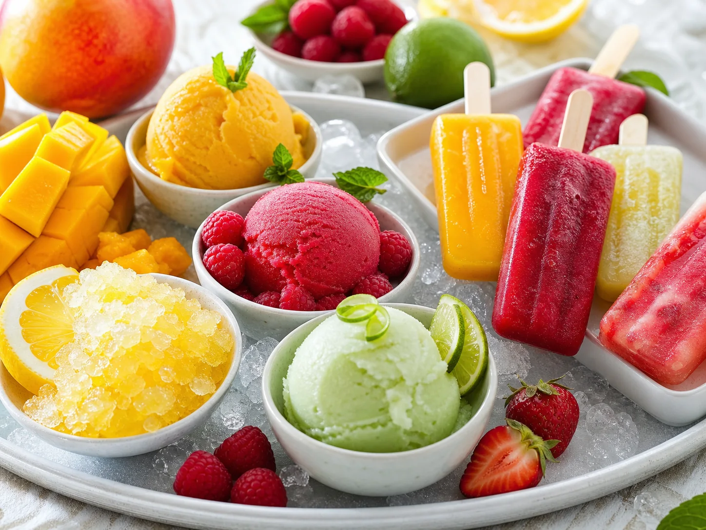Fruit sorbet scoops, citrus granita, and colorful frozen paletas on a chilled tray