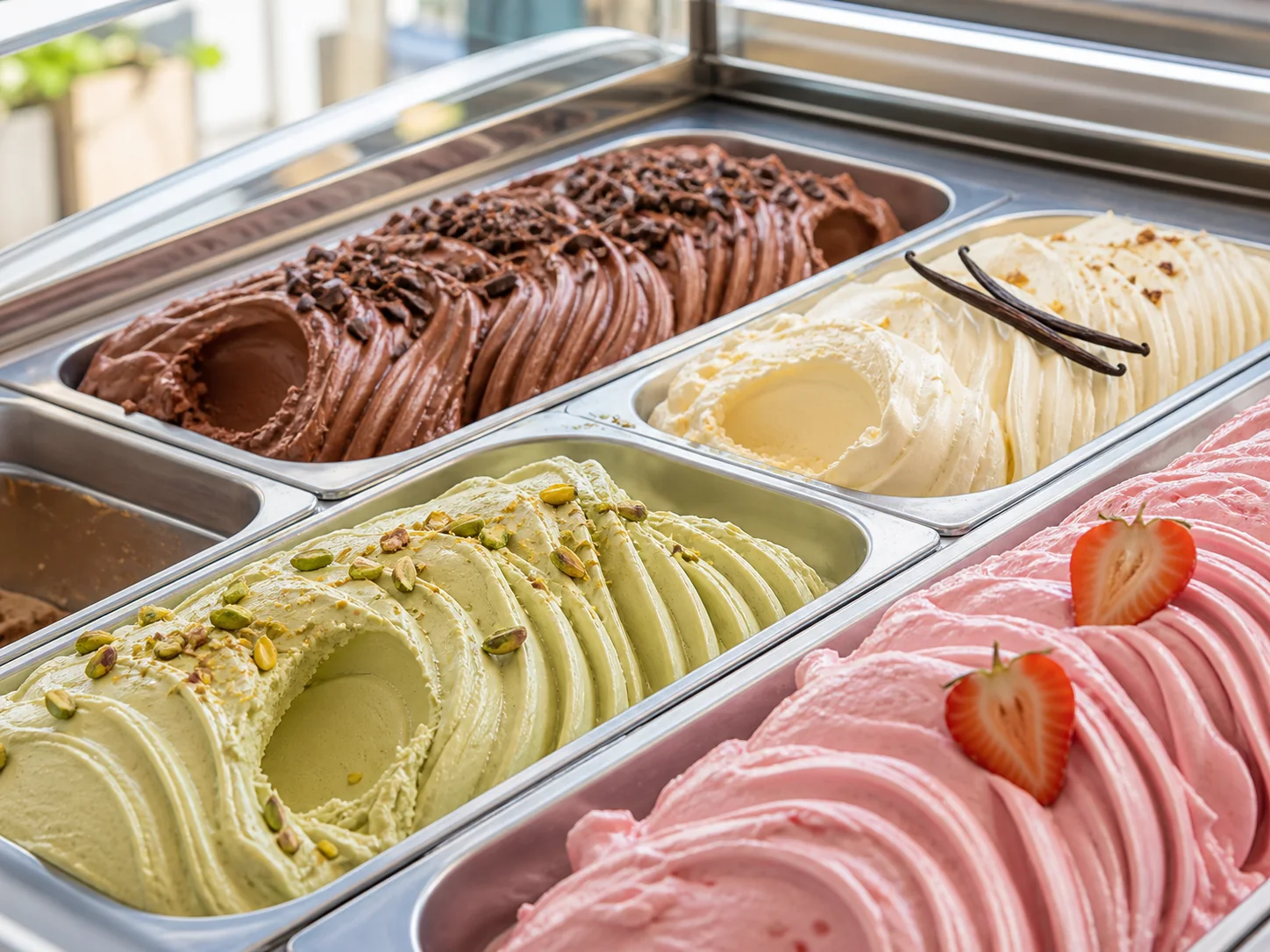Colorful gelato pans with pistachio, chocolate, vanilla, and strawberry flavors