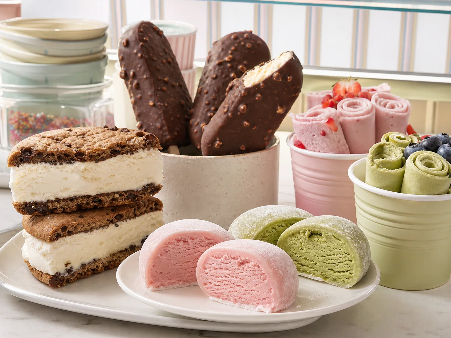 Mochi ice cream, dipped ice cream bars, sandwiches, and rolled ice cream arranged together