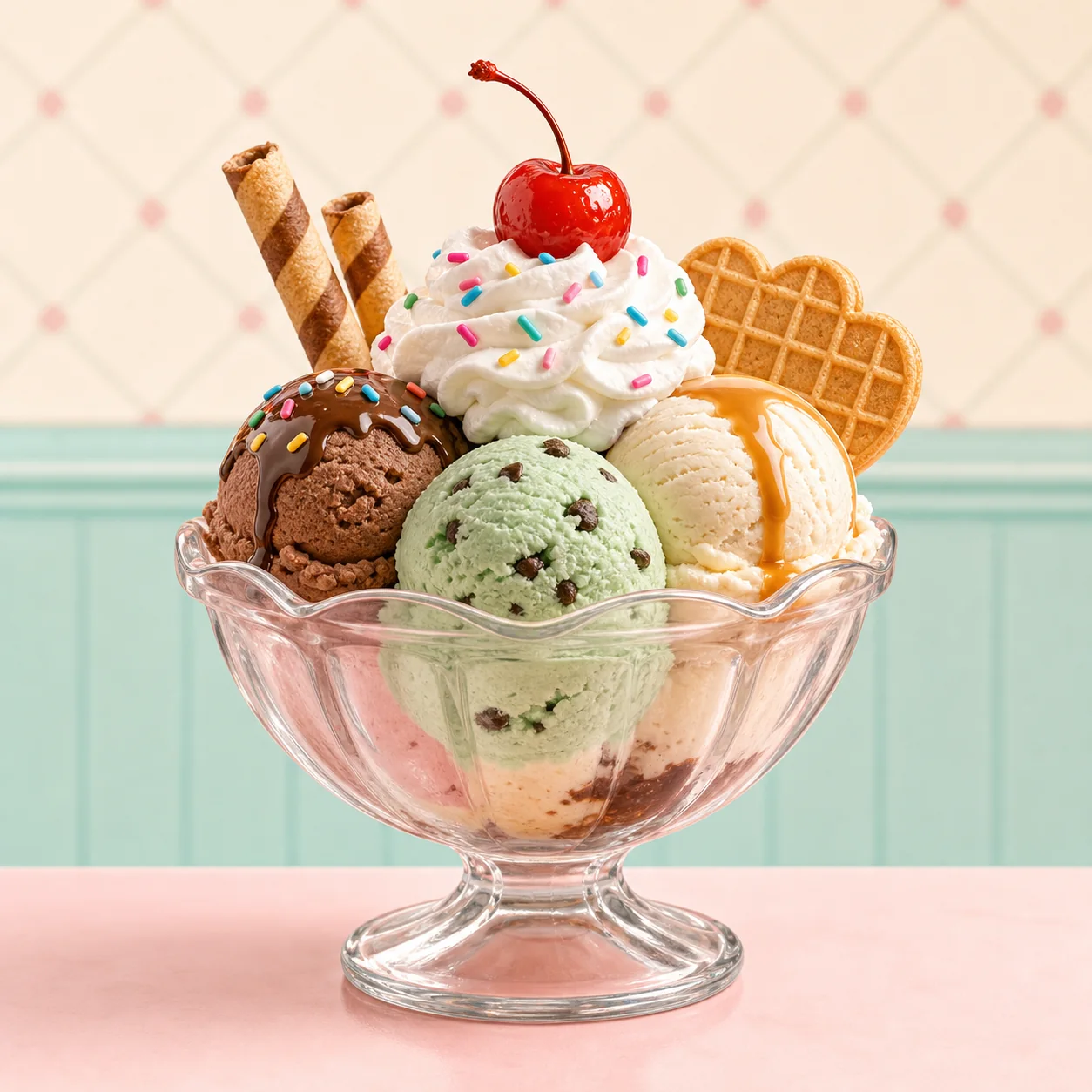 Pastel sundae bowl with scoops and wafers