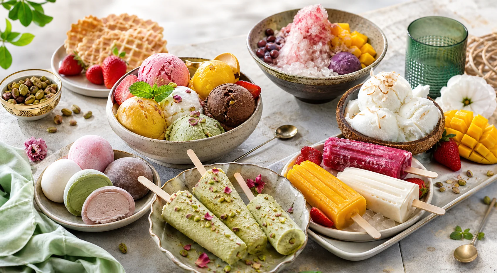 A colorful global ice cream tasting spread with gelato, mochi, kulfi, paletas, coconut ice cream, shaved ice, fruit, and pistachios